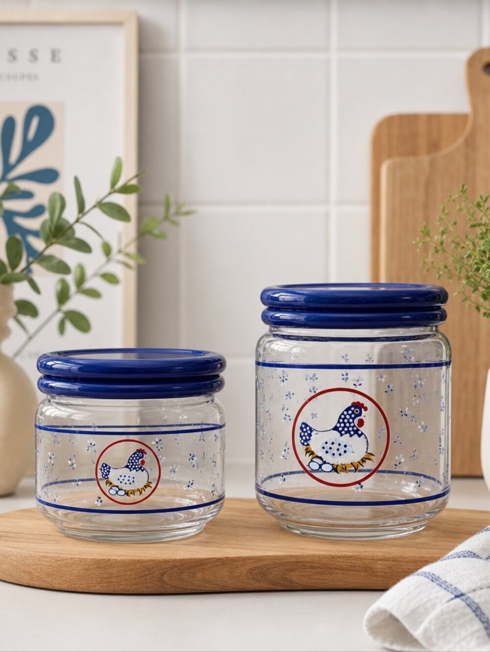 Vintage Blue Rooster Hen Glass Canister Set (2) - Retro Country Kitchen Decor